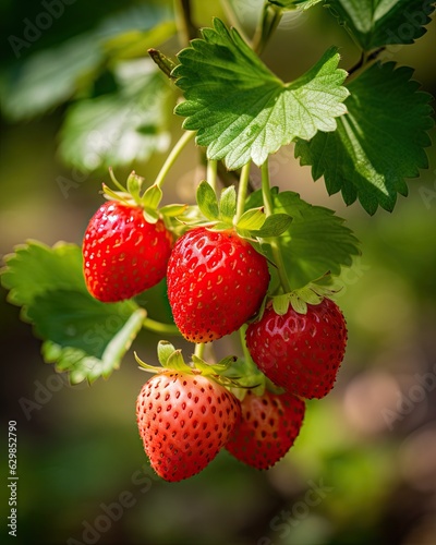 fresh red strawberries on a tree - closeup created using generative AI tools