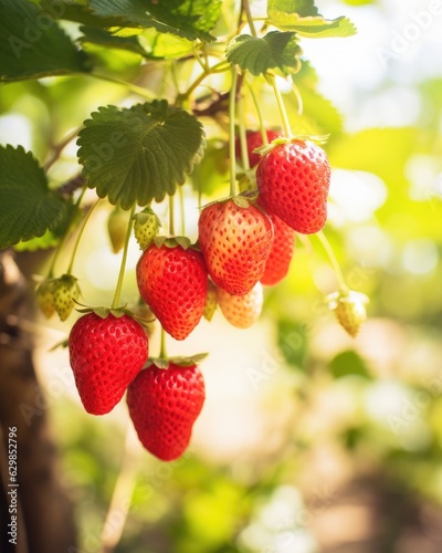 fresh red strawberries on a tree - closeup created using generative AI tools