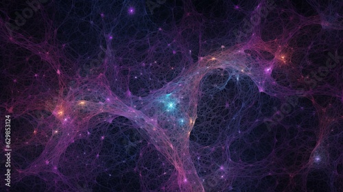 Universe map structure illustration of matter distribution in space, purple cosmic web of galaxy filaments with galaxy superclusters among dark matter group of galaxies clusters in observable universe photo
