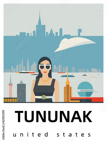 Tununak: Flat design tourism poster with a cityscape of Tununak (United States)