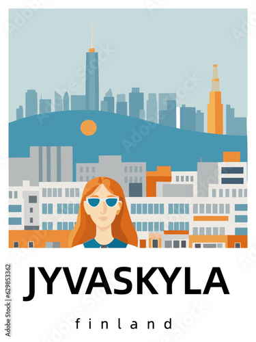 Fényképezés Jyvaskyla: Flat design tourism poster with a cityscape of Jyvaskyla (Finland)