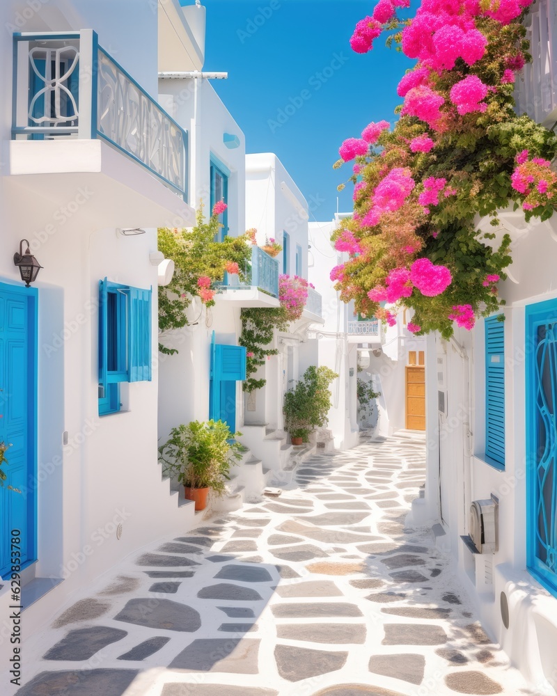 narrow street in a greek village with white houses and blue shutters - created using generative AI tools