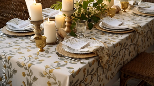 Botanical holiday tablescape  outdoor English country table setting  table scape with elegant tableware and dinnerware for wedding party and event  generative ai