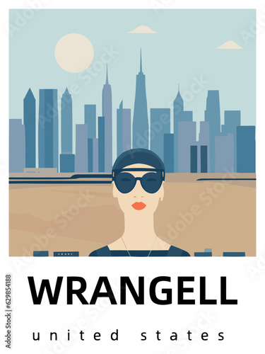 Wrangell: Flat design tourism poster with a cityscape of Wrangell (United States)