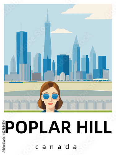 Poplar Hill: Flat design tourism poster with a cityscape of Poplar Hill (Canada)