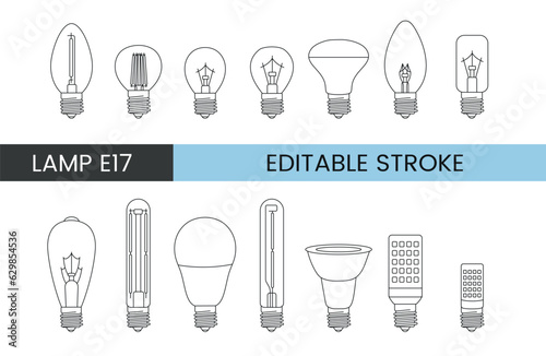 Vector line icon set depicting lamps with E17 base