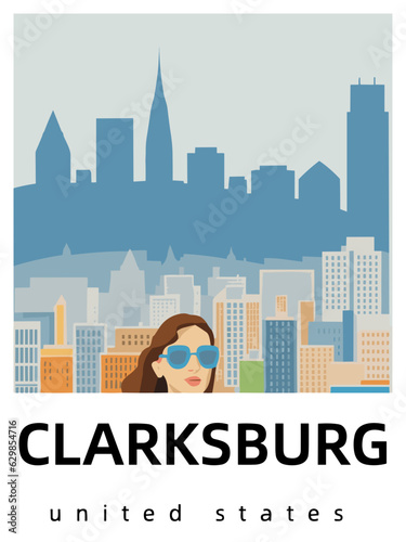 Clarksburg: Flat design tourism poster with a cityscape of Clarksburg (United States)