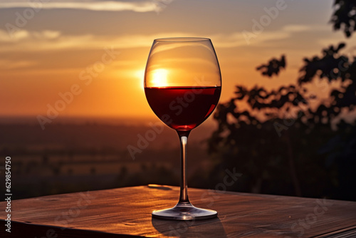 A glass of red wine on a wooden table on a terrace at sunset. AI generation