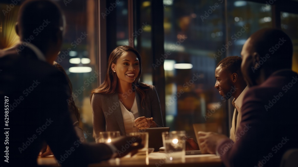 A group of business colleagues sit relax brain storm having a meeting together in a bright, modern office environment at night,ai generate