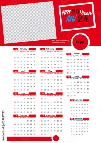 Set of 2024 Calendar Planner Template with Place for Photo and Company Logo.Vector layout of a wall or desk simple calendar with week start monday.Wall quarterly calendar template for 2024 in a classi