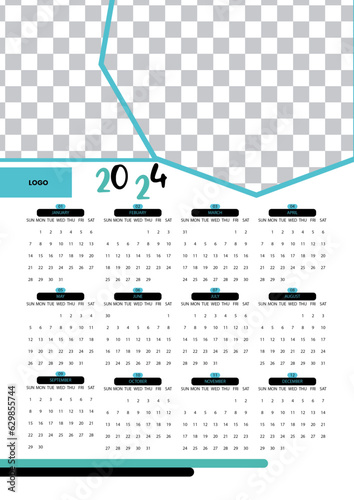 Set of 2024 Calendar Planner Template with Place for Photo and Company Logo.Vector layout of a wall or desk simple calendar with week start monday.Wall quarterly calendar template for 2024 in a classi