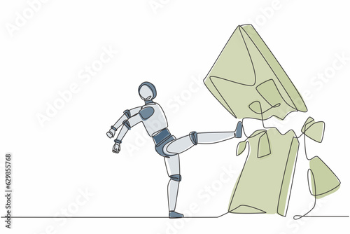 Continuous one line drawing robot doing kung fu or karate kick to destroy the brick wall. Humanoid robot cybernetic organism. Future robotic development. Single line design vector graphic illustration