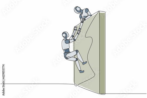 Single continuous line drawing robot helping another robot climb wall. Modern robotic artificial intelligence technology. Electronic technology industry. One line graphic design vector illustration