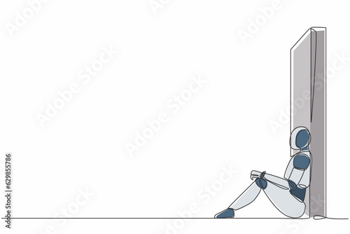 Single continuous line drawing robot sitting on floor and lean against wall. Failure, sad, lonely. Robotic artificial intelligence. Electronic technology. One line graphic design vector illustration