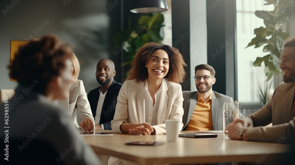 Fototapeta premium A group of business colleagues standing, having a meeting together in a bright, modern office environment,ai generate