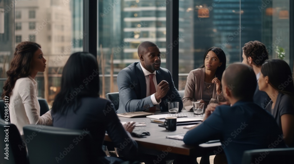 businessman sharing ideas with colleagues at workplace. Confident male professional is discussing with coworkers. They are wearing smart casuals in creative office,ai generate