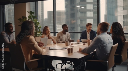 businessman sharing ideas with colleagues at workplace. Confident male professional is discussing with coworkers. They are wearing smart casuals in creative office ai generate