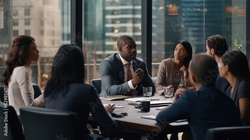 businessman sharing ideas with colleagues at workplace. Confident male professional is discussing with coworkers. They are wearing smart casuals in creative office,ai generate