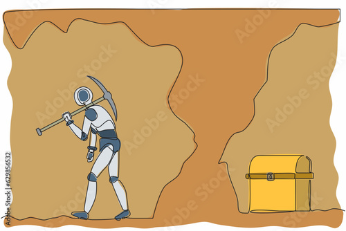 Continuous one line drawing robot gives up digging not knowing treasure chest is almost revealed. Humanoid robot cybernetic organism. Future robotics. Single line design vector graphic illustration