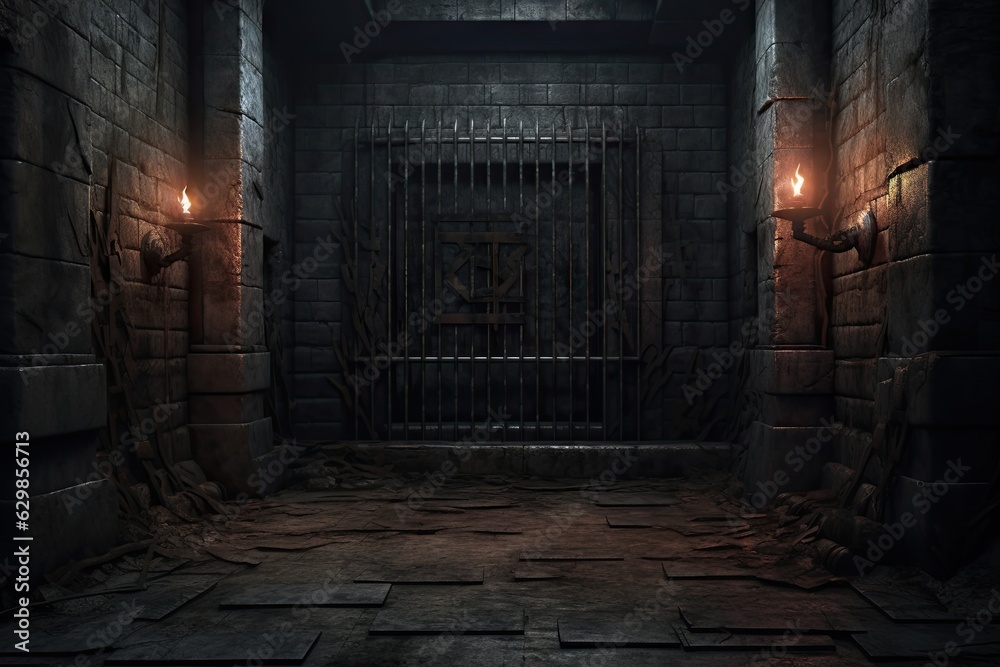 Dark dungeon with candles on the walls and bars on the door. Dark dungeon with candles on the walls and bars on the door.