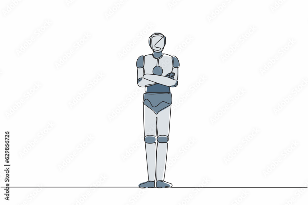 Single one line drawing robot standing with folded arms pose. Future ...