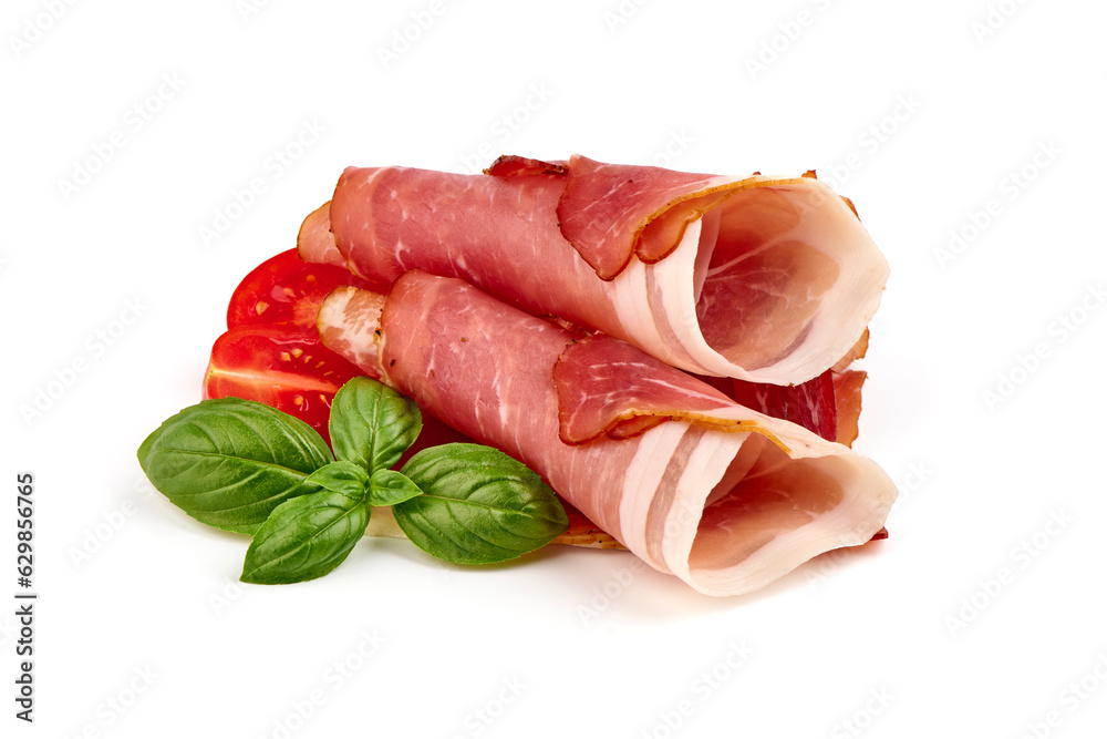 Slices of prosciutto di parma or jamon serrano, close-up, isolated on white background.