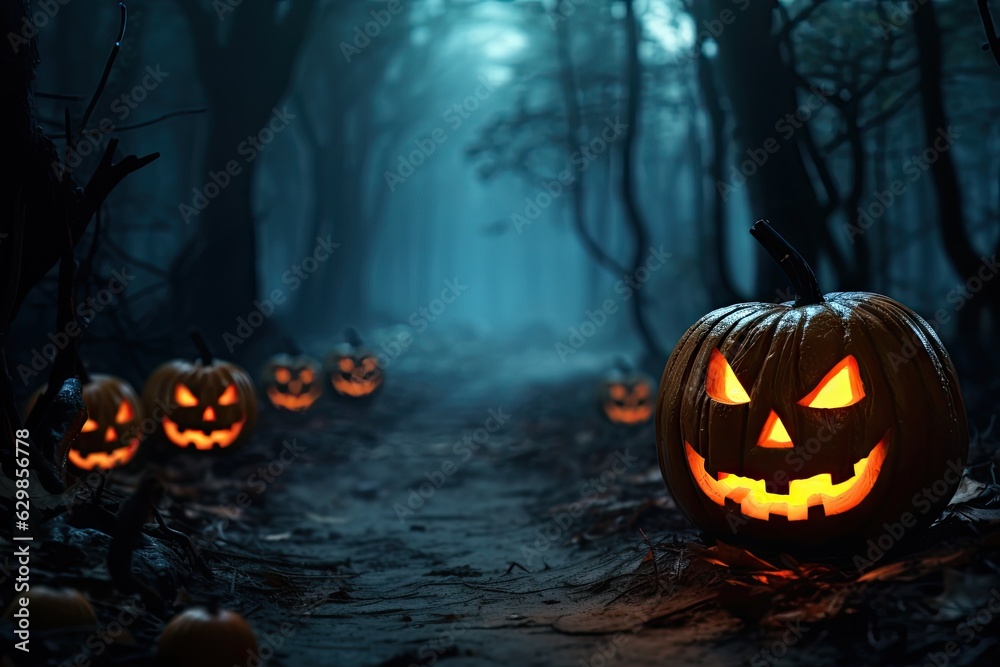 A group of pumpkins sitting on a dirt path in a dark forest. A group of pumpkins sitting on a dirt path in a dark forest.