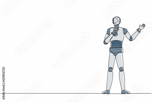 Single continuous line drawing robot pointing away hands together and showing or presenting something. Robotic artificial intelligence. Electronic technology. One line draw design vector illustration