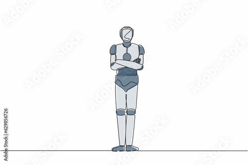 Single one line drawing robot standing with folded arms pose. Future technology development. Artificial intelligence and machine learning processes. Continuous line design graphic vector illustration