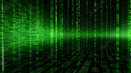 Abstract background matrix with a streaming flow of binary code in shades of green, classic "matrix" visual, high-tech atmosphere