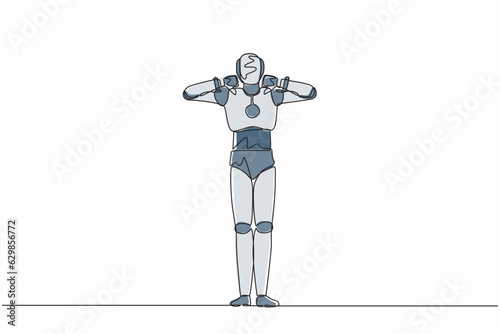 Continuous one line drawing robot showing thumbs down sign gesture. Dislike, disagree, disappointment, disapprove, no deal. Humanoid robot cybernetic organism. Single line design vector illustration