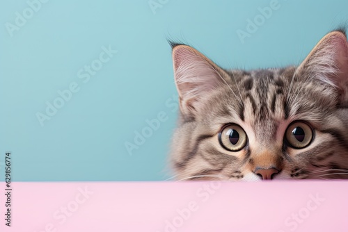 cat peeking over the pastel background.