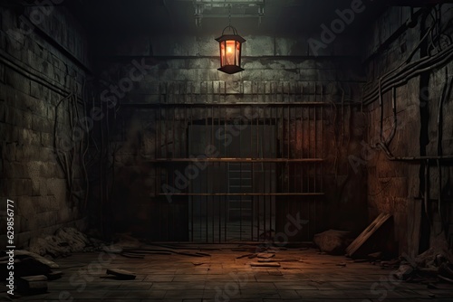 Photo A dark room in prison with a single lantern hanging from the ceiling, casting eerie shadows on the walls