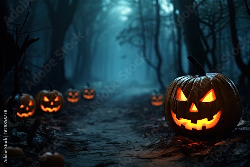 A group of pumpkins sitting on a dirt path in a dark forest.