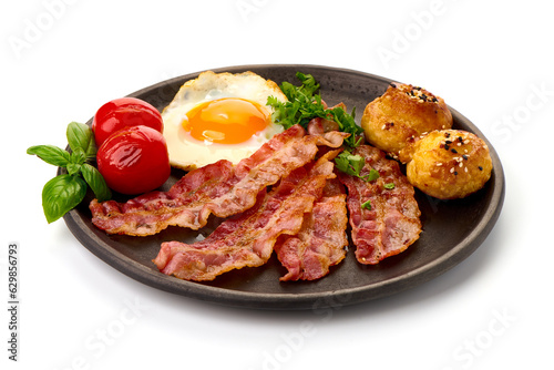 Fried pork bacon with eggs, isolated on white background.
