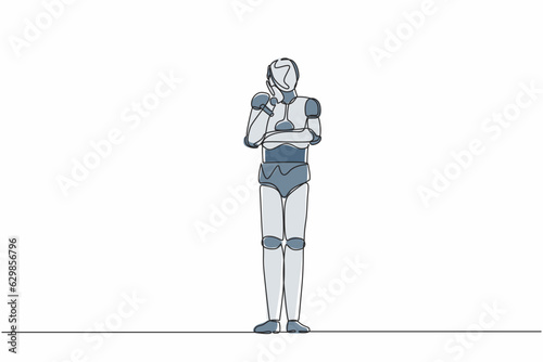 Single continuous line drawing robot bored or tired keeping hand on cheek. Robot suffering from toothache. Modern robotic artificial intelligence. One line draw graphic design vector illustration