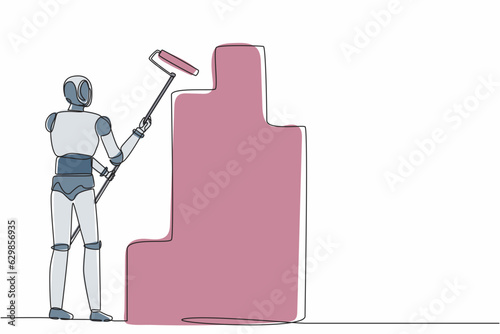 Continuous one line drawing robot painting wall with roller. Home repair, renovation. Humanoid robot cybernetic organism. Future robotic development. Single line design vector graphic illustration