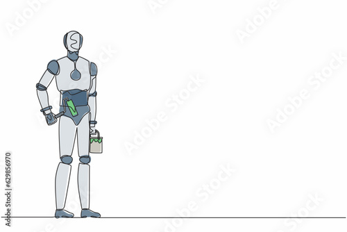 Single continuous line drawing robot holds roller with paint and bucket of paint, painting walls. Robotic artificial intelligence. Electronic technology. One line graphic design vector illustration