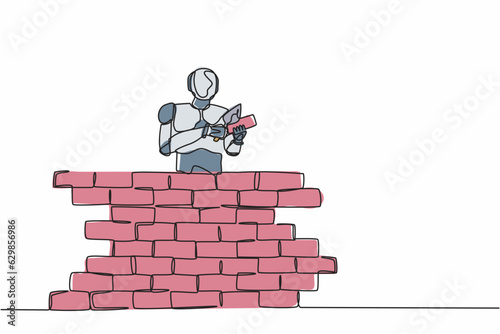 Single one line drawing robot repairman building brick wall. Future technology development. Artificial intelligence machine learning processes. Continuous line draw design graphic vector illustration