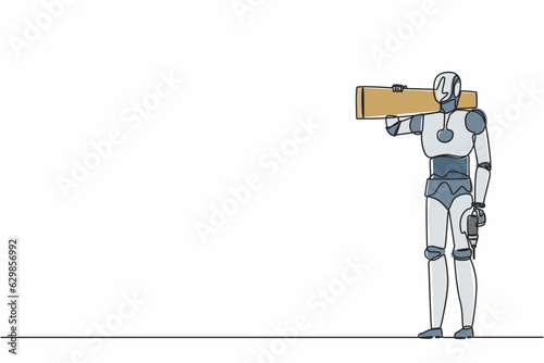Continuous one line drawing robot repairman standing with board, tool box, and drill. Humanoid robot cybernetic organism. Future robotics development. Single line design vector graphic illustration