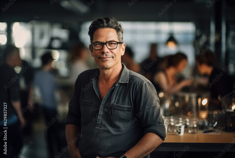 Fototapeta premium Portrait of a proud business owner in his business premises. Generative AI.