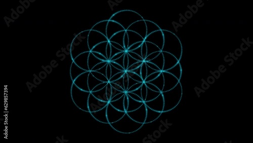 Flower of life made of small neon blinking dots isolated on black background. Sacred geometry. 4k loop video animation 60 fps.