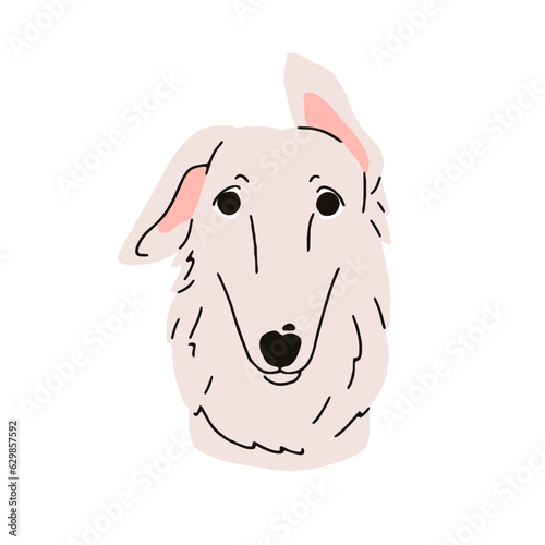 Borzoi, cute dog avatar. Russian hunting sighthound, canine head portrait. Funny purebred puppy muzzle. Doggy, pup face with long snout. Flat vector illustration isolated on white background