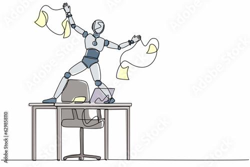 Single one line drawing happy robot dancing on desk celebrating win with throwing papers. Future technology. Artificial intelligence machine learning. Continuous line draw design vector illustration