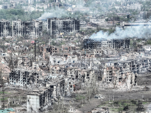 Ruined city. The landscape of the city after the war. War in Bakhmut. Military operations. Destruction of the city from weapons