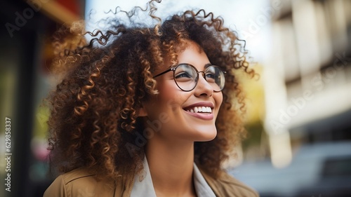 Young mixed woman with afro hairstyle smiling in urban background. wearing casual clothes and eyeglasses © mariiaplo