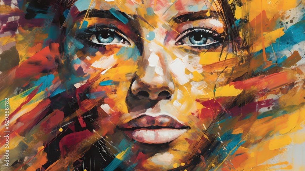 Fototapeta premium Abstract contemporary art collage portrait of young woman with flowers. Generative ai...