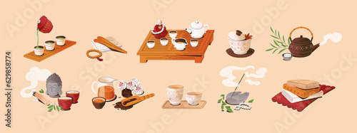 Time asian tea ceremony set. Japanese and chinese traditional attributes: table, tray, incense, bowls. Flavory hot green, pu erh, oolong in cups, oriental teapot. Flat isolated vector illustrations