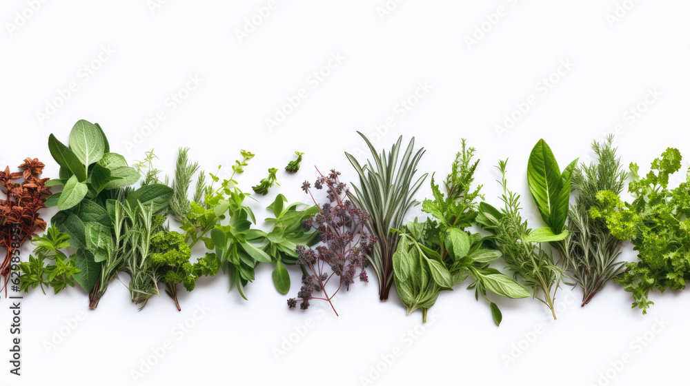Fresh organic Mediterranean herbs and spices elements isolated white background, sage, rosemary twig and leaves, thyme, oregano, basil, green and black pepper, top view, flat lay Fresh organic Mediterranean herbs and spices elements isolated white background, sage, rosemary twig and leaves, thyme, oregano, basil, green and black pepper, top view, flat lay