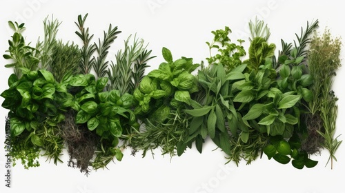 Fresh organic Mediterranean herbs and spices elements isolated white background, sage, rosemary twig and leaves, thyme, oregano, basil, green and black pepper, top view, flat lay